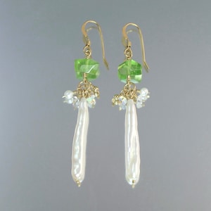 peridot and long pearl gold filled earrings