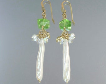 peridot and long pearl gold filled earrings