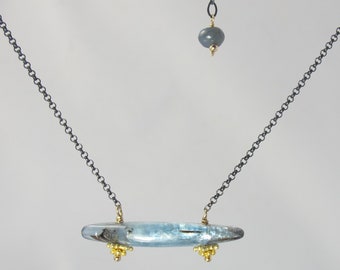 mixed metal unique kyanite stone bar necklace gold and oxidized sterling silver minimalist necklace