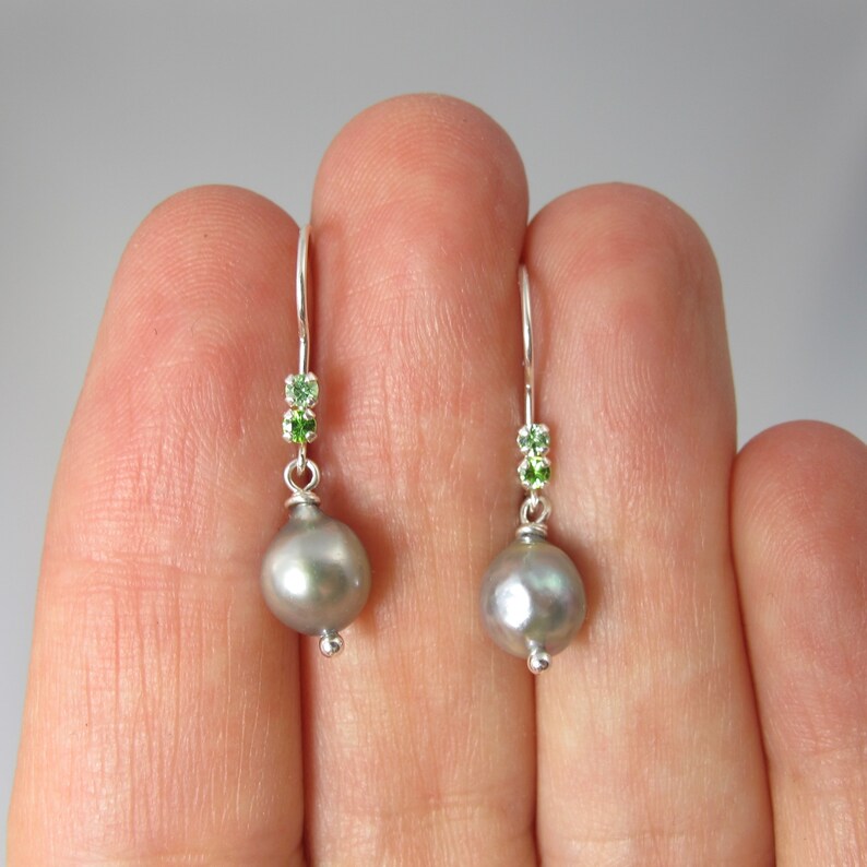 green garnet and Japanese Akoya pearl sterling silver earrings Russian demantoid and Merelani mint image 2