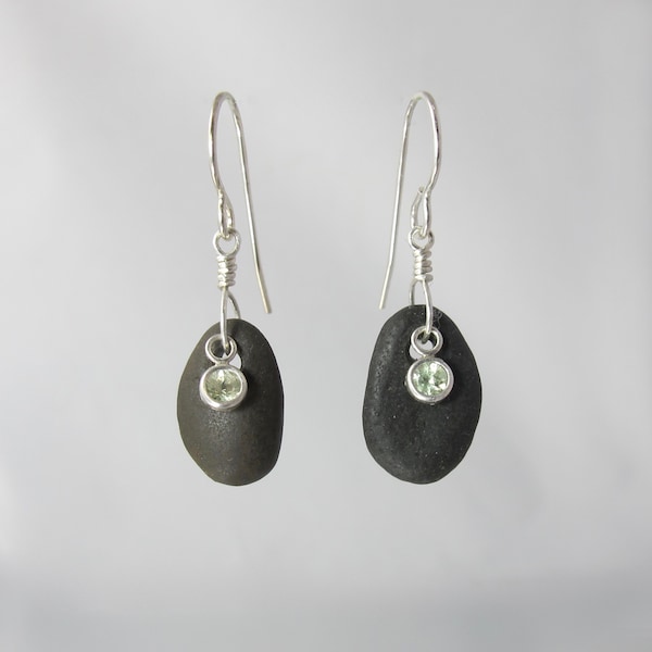 Lake Superior beach stone and Merelani mint green garnet sterling silver earrings basalt