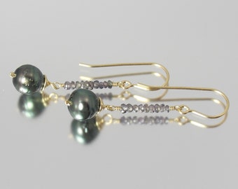Songea color change purple to green sapphire and cultured Tahitian pearl 14k yellow gold filled earrings