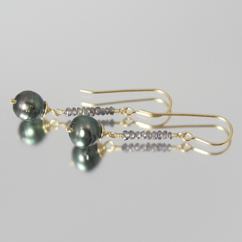 Songea color change purple to green sapphire and cultured Tahitian pearl 14k yellow gold filled earrings image 1