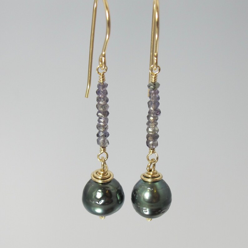 Songea color change purple to green sapphire and cultured Tahitian pearl 14k yellow gold filled earrings image 2