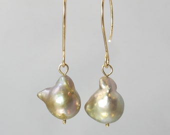 purple bronze baroque Edison pearl 14k yellow gold filled earrings flameball fireball freshwater pearls