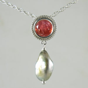 RARE faceted rhodochrosite and Tahitian keshi pearl sterling silver 18 slide necklace image 5