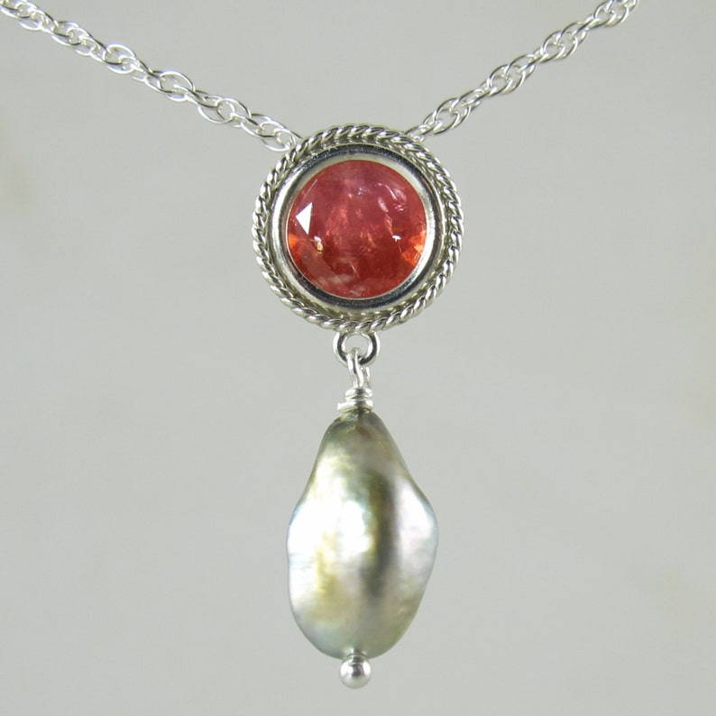 RARE faceted rhodochrosite and Tahitian keshi pearl sterling silver 18 slide necklace image 5