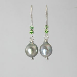 green garnet and Japanese Akoya pearl sterling silver earrings Russian demantoid and Merelani mint image 4