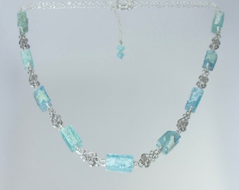 blue ancient Roman glass and filigree scroll sterling silver adjustable length statement necklace 20 to 16 inches OOAK