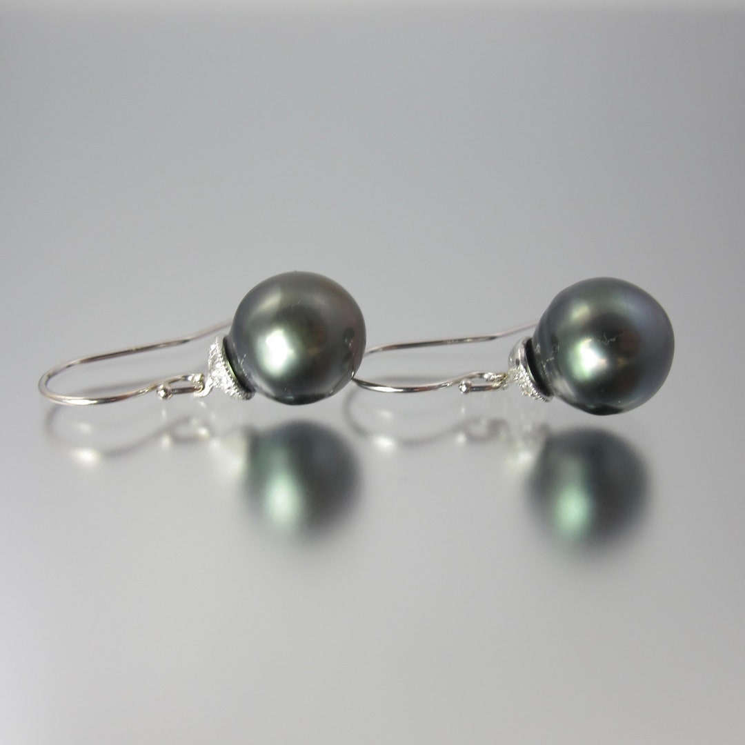 14k White Gold Diamond and Tahitian Pearl Earrings - Etsy