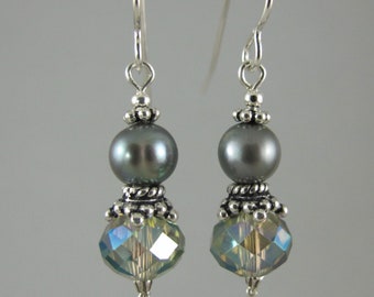 gray crystal and freshwater pearl and sterling silver earrings