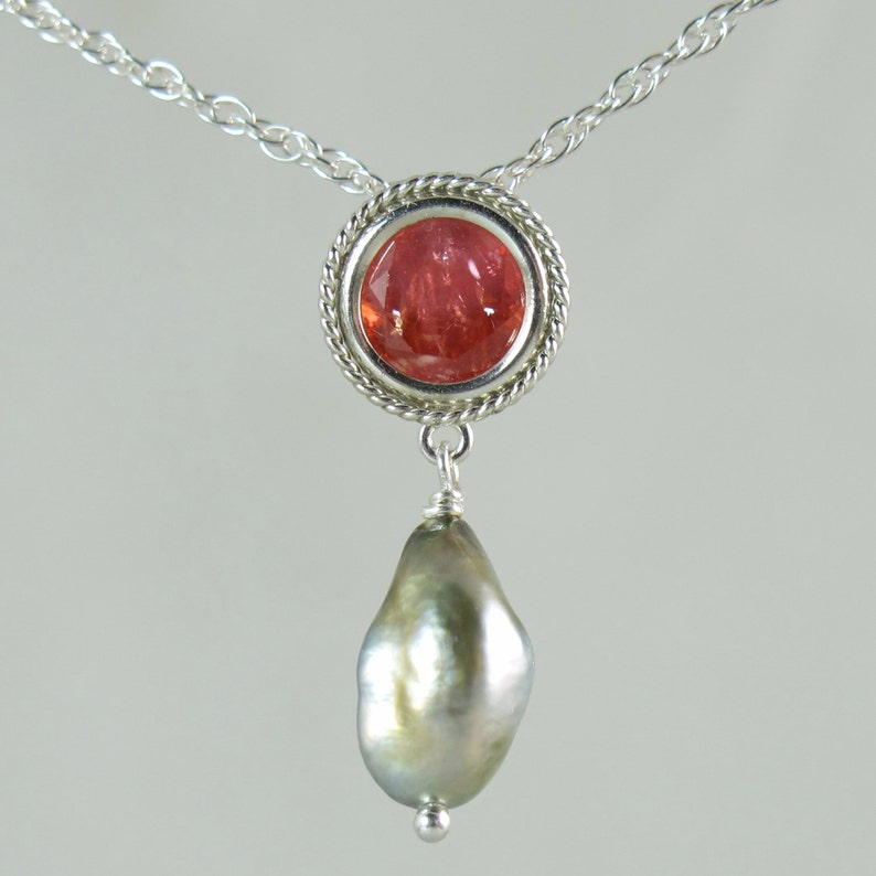 RARE faceted rhodochrosite and Tahitian keshi pearl sterling silver 18 slide necklace image 7