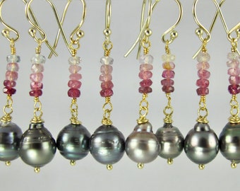 ombre pink tourmaline Tahitian pearl gold vermeil earrings October birthstone