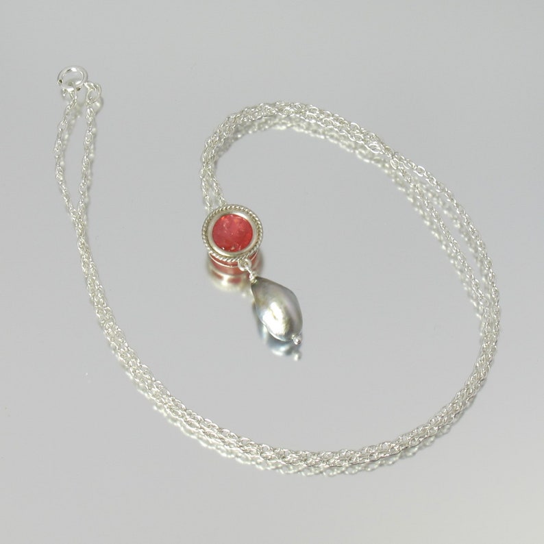 RARE faceted rhodochrosite and Tahitian keshi pearl sterling silver 18 slide necklace image 3