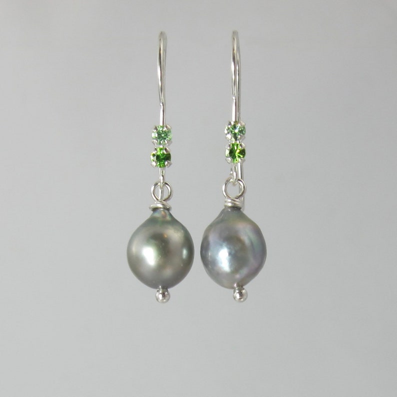 green garnet and Japanese Akoya pearl sterling silver earrings Russian demantoid and Merelani mint image 5