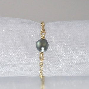 Tahitian Keshi Pearl Gold Filled Stacking Chain Ring: Genuine, Natural, Dainty, Minimalist, Floating