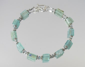 ancient Roman glass sterling silver bracelet blue green 7 3/4 inch