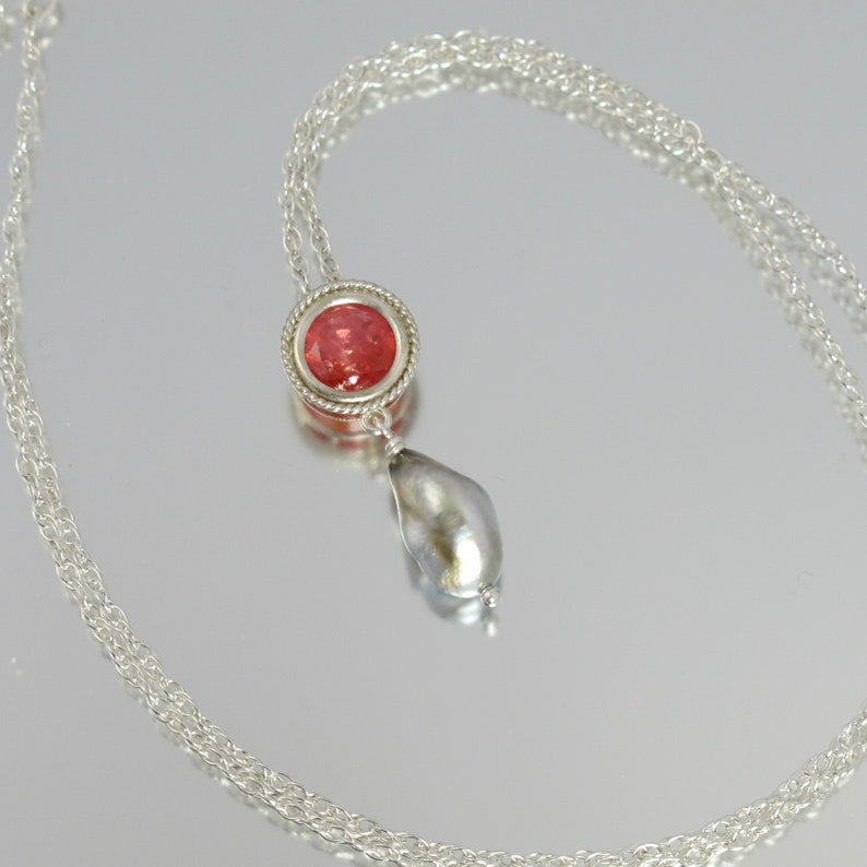 RARE faceted rhodochrosite and Tahitian keshi pearl sterling silver 18 slide necklace image 1