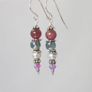 Ruby, Swarovski Crystal, & Keshi Pearl Sterling Silver Earrings