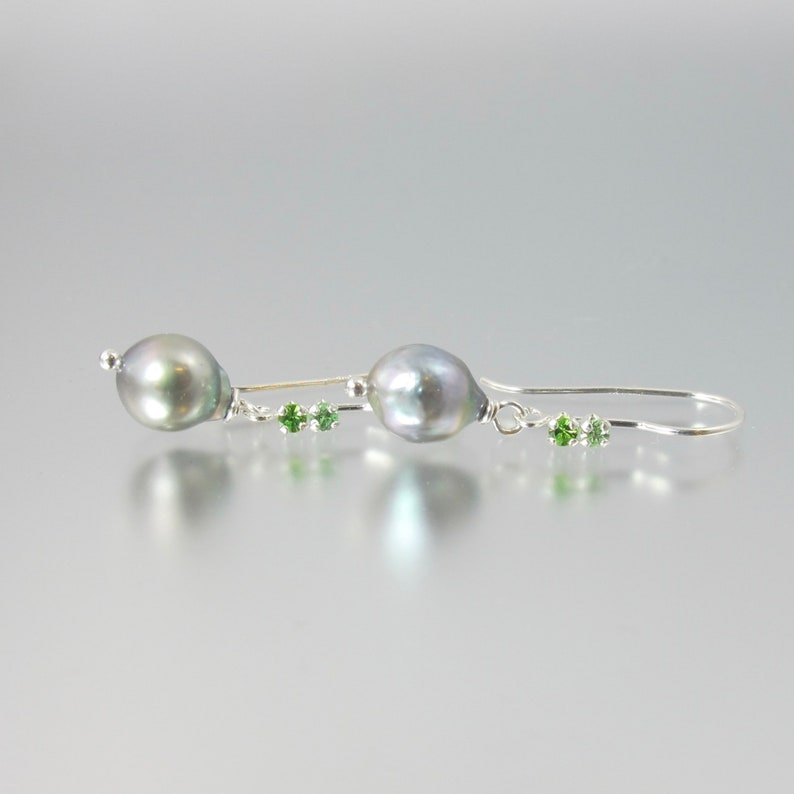 green garnet and Japanese Akoya pearl sterling silver earrings Russian demantoid and Merelani mint image 1