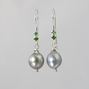 green garnet and Japanese Akoya pearl sterling silver earrings Russian demantoid and Merelani mint image 3