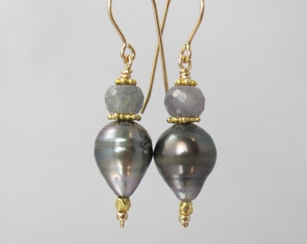 sapphire and cultured baroque Tahitian pearl 14k yellow gold filled earrings