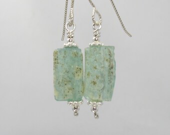 dainty bluish green ancient Roman glass and bright sterling silver earrings