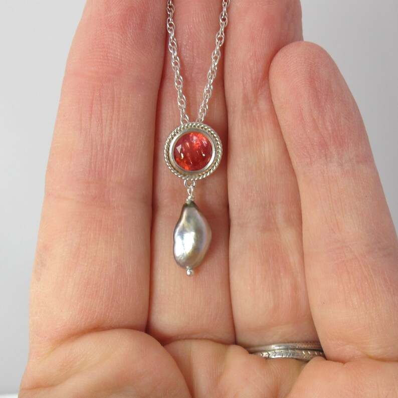 RARE faceted rhodochrosite and Tahitian keshi pearl sterling silver 18 slide necklace image 8