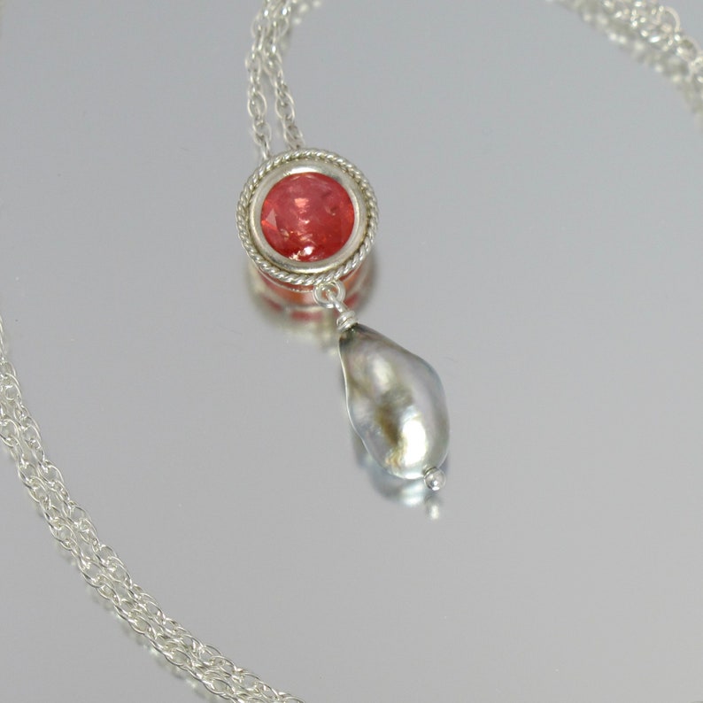 RARE faceted rhodochrosite and Tahitian keshi pearl sterling silver 18 slide necklace image 6