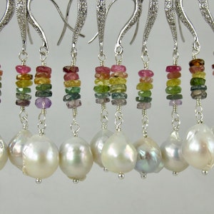 rainbow tourmaline and white Kasumi like Edison pearl sterling silver earrings image 1