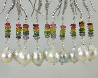 rainbow tourmaline and white Kasumi like Edison pearl sterling silver earrings