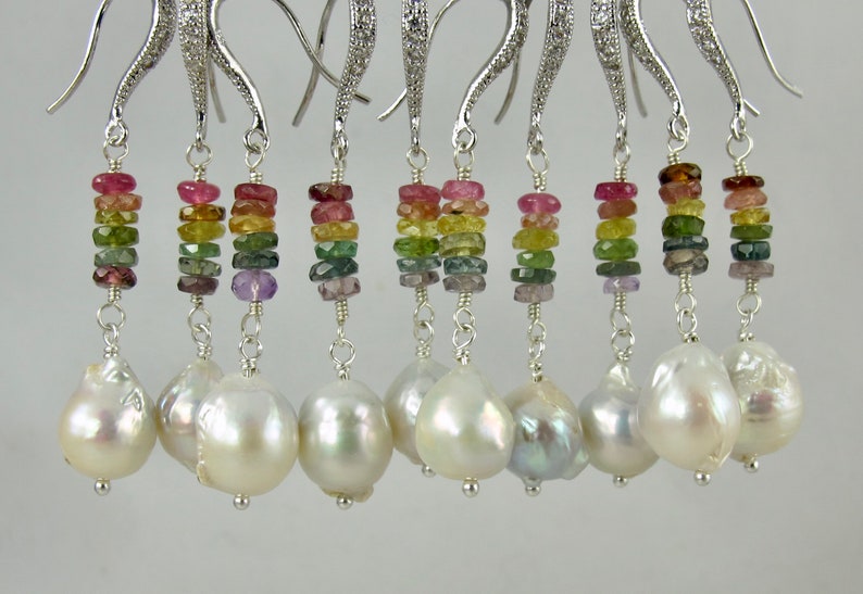 rainbow tourmaline and white Kasumi like Edison pearl sterling silver earrings image 1