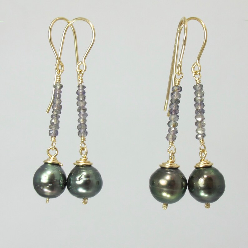 Songea color change purple to green sapphire and cultured Tahitian pearl 14k yellow gold filled earrings image 3