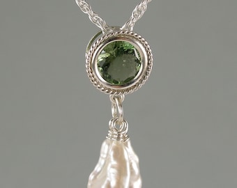 faceted Czech moldavite 8mm and keshi pearl sterling silver 18 inch slide necklace