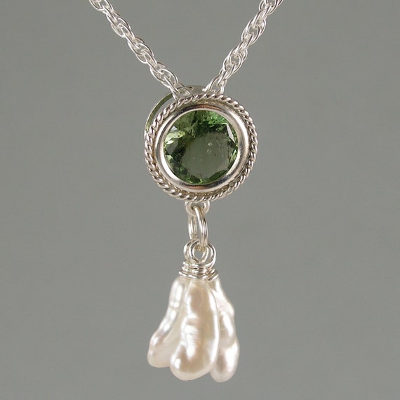 Faceted Czech Moldavite & Keshi Pearl Sterling Silver Slide Necklace: 18 Inch Chain, 8mm Stone