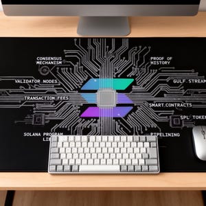 Op de afbeelding: Zwarte computermuispad met een printplaatontwerp en het Solana-logo. Een toetsenbord, muis, koptelefoon en een vetplant staan op een houten bureau. Tekst bevat "Consensus Mechanism" en "Validator Nodes."