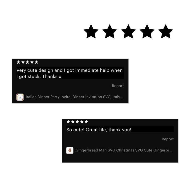 May include: Five star reviews for a digital product. The first review says "Very cute design and I got immediate help when I got stuck. Thanks x". The second review says "So cute! Great file, thank you!"
