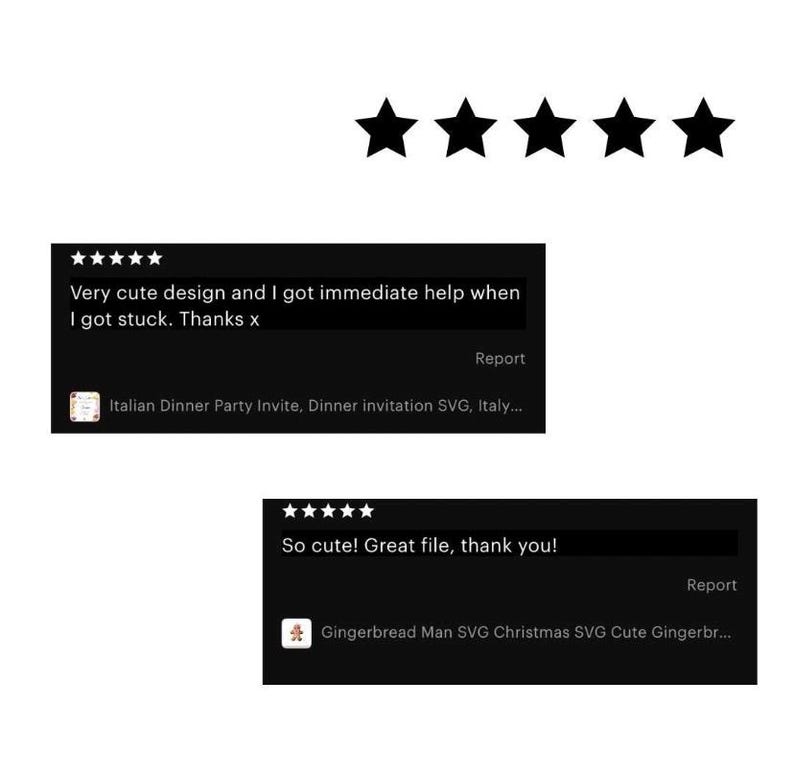 May include: Five black star ratings with text that reads "Very cute design and I got immediate help when I got stuck. Thanks x" and "So cute! Great file, thank you!"