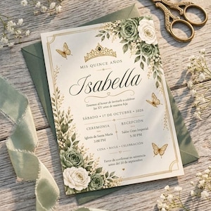 Peut inclure: Une carte d'invitation rectangulaire pour une fête de Quince Años pour Isabella, avec des illustrations de couronne et de papillons dorés, des motifs floraux vert sauge et blancs, et des détails textuels pour la cérémonie.