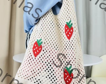 Strawberry Crochet Tote Bag | Handmade Knitted Shoulder Bag