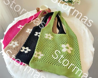 Crochet Flowers Tote Bag | Handmade Knit Dacron Shoulder Bag