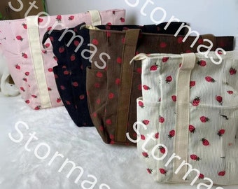 Strawberry Corduroy Tote Bag | Kawaii Shoulder Bag