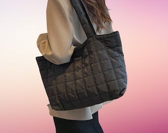 Quilted Black Puffer Bubble Tote Bag | Stylish Functional Winter Accessory | Perfect for Shopping & Daily Use