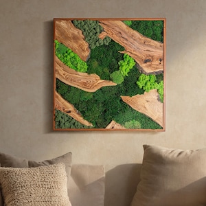 Moss and Wood Wall Art, Wooden Frame Moss Wall Decor, Olive Wood Wall Art, Preserved Stabilized Moss, Bedroom Decor, Aesthetic Room Decor