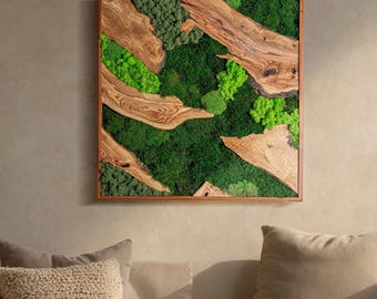 Moss and Wood Wall Art, Wooden Frame Moss Wall Decor, Olive Wood Wall Art, Preserved Stabilized Moss, Bedroom Decor, Aesthetic Room Decor