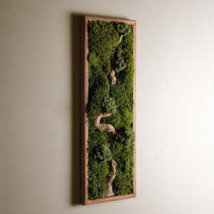 Puede incluir: Una pieza de arte mural rectangular con un marco de madera relleno de musgo verde preservado y ramas de madera flotante de color marrón claro texturizadas, dispuestas en un patrón vertical sinuoso que imita un paisaje forestal natural.