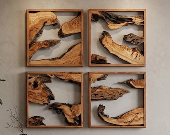 May include: Four square wooden wall art pieces featuring natural, irregular driftwood segments encased in light brown frames. The artwork is arranged in a grid pattern above a long, dark brown wooden console table with thin black metal legs.