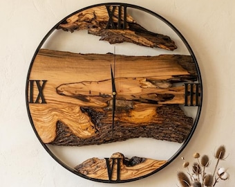 Handcrafted Live Edge Olive Wood Wall Clock, Bespoke Farmhouse Decor, Rustic Decoration, New Home Gifts