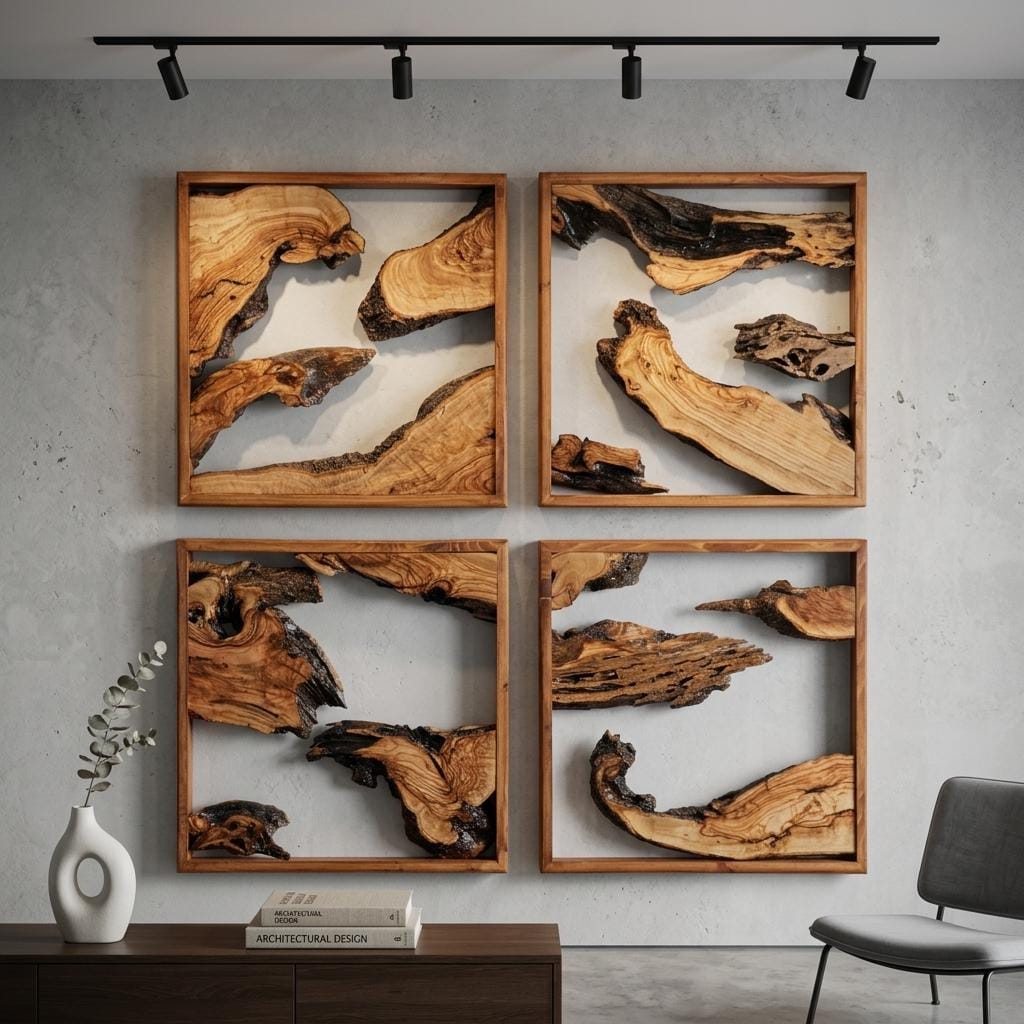 Handcrafted Olive Wood Wall Art, Rustic Live Edge Decor, Set of 4