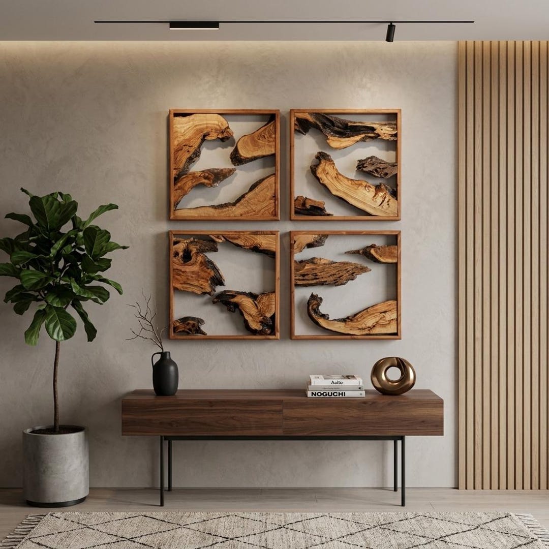 Handcrafted Olive Wood Wall Art, Rustic Live Edge Decor, Set of 4